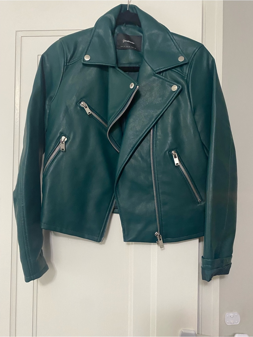 stradivarius Teal Green Faux Leather Moto Jacket
